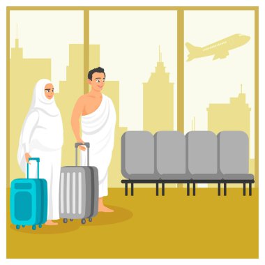 Hac ibadeti, inananlar için farzedilmiştir. Mekke havaalanında hacı kıyafeti giyen ve bavullarını taşıyan Müslüman bir çift. İslam Hac konsepti. Düz vektör illüstrasyonu.