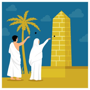 Hac yolculuğu serilerinden biri de bu. Bir çift Müslüman hacı Jamaraat 'ın duvarlarına taş atıyor. İslam Hac konsepti. Düz vektör illüstrasyonu.