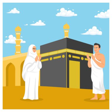 Hac ibadeti, inananlar için farzedilmiştir. Erkekler ve kadınlar Kabe 'nin önünde ihram giysileri giyiyorlar. İslam Hac konsepti. Düz vektör illüstrasyonu.