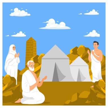 Hacca giderken umre yapmak, hac vakitlerinde dinlenmek içindir. Mina 'dalar. İslam Hac konsepti. Düz vektör illüstrasyonu.