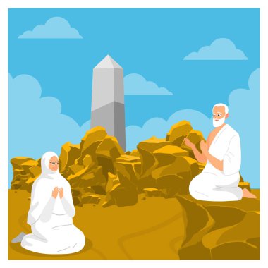Hacca ait ibadetlerden biri de budur. Hacca gelenlere namaz kılın, zekat verin, Allah 'a ve Peygamberine itaat edin. İslam Hac konsepti. Düz vektör illüstrasyonu.