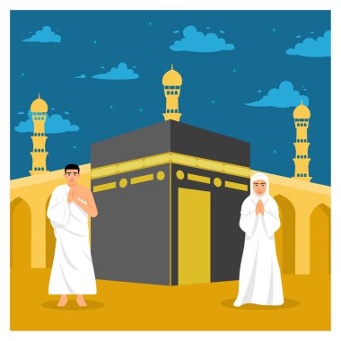 Muslims perform the pilgrimage. Muslim men and women praying in front of the Kaaba. Islamic Hajj Pilgrimage concept. Flat vector illustration. clipart