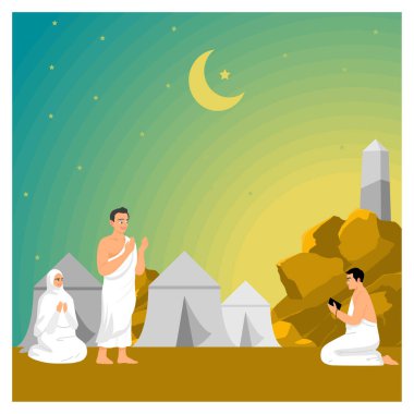 Hajj pilgrims perform wukuf. Hajj pilgrims pray or remain silent in Arafat. Islamic Hajj concept. Flat vector illustration. clipart