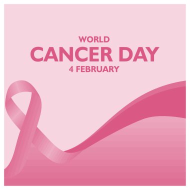 Pembe kurdeleli Dünya Kanser Farkındalık Günü. Her 4 Şubat 'ta kutlanır. Dünya Kanser Günü konsepti. Düz vektör illüstrasyonu.