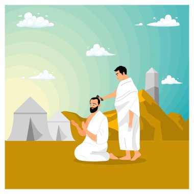 One of the series of Hajj pilgrimages is Tahallul. Hajj pilgrims shave their heads. Islamic Hajj concept. Flat vector illustration. clipart