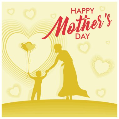 Oğlunun elini tutan bir annenin silüeti. Kalp şeklinde balon tutan çocuk. Anneler Günü konsepti. Düz vektör illüstrasyonu.