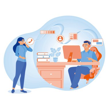 Müdür, asistanıyla telefonda görüşüyor. Müdür proje detaylarını açıklıyor. Uzaktan Çalışma Online konsepti. Düz vektör illüstrasyonu.