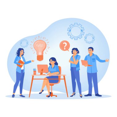 İş ekibi ofisinde toplantı yapıyor. İş ekibi yeni bir girişime başlamak için fikir alışverişinde bulunuyor. Takım iletişim konsepti. Düz vektör illüstrasyonu.