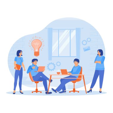 Şirket çalışanları bir toplantı yaptı. İş ekibi görev planlama ve fikir paylaşımı yapıyor. Takım iletişim konsepti. Düz vektör illüstrasyonu.