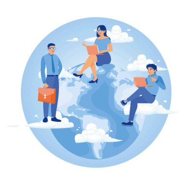 Dünyanın dört bir yanında insanlar bilgisayarlarla dolaşıyor. Dünyanın herhangi bir yerinden çalış. Uzaktan Çalışma Online konsepti. Düz vektör illüstrasyonu.