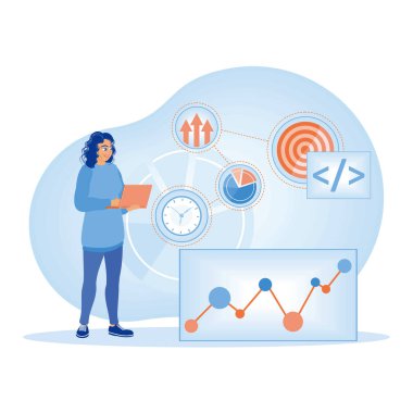 Akıllıca bir hedef belirleme. İş kadınları verileri analiz eder ve iş hedefleri belirler. İş analiz araçları konsepti. Düz vektör illüstrasyonu.