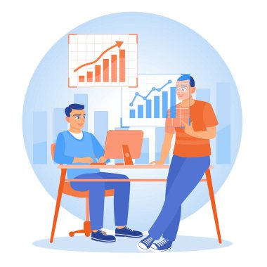 İki iş adamı iş yerinde tartışıyor. Verileri analiz et ve iş stratejileri geliştir. İş analiz araçları konsepti. Düz vektör illüstrasyonu.