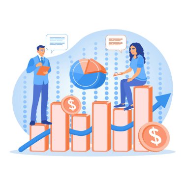 İş adamı bir bar grafiğinin üstünde. Şirket performansını analiz et ve iş stratejileri geliştir. İş analiz araçları konsepti. Düz vektör illüstrasyonu.