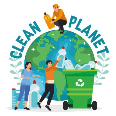 İnsanlar atıkları geri dönüştürüyor. İnsanlar Dünya 'yı çöpten kurtarıyor. Dünya Günü konsepti. Düz vektör illüstrasyonu.