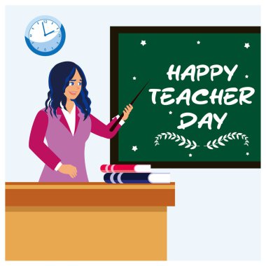 Masasında bir yığın kitabı olan bir bayan öğretmen. Tahtaya 