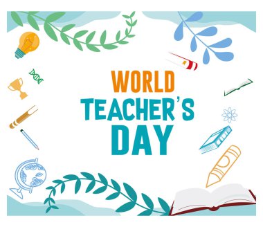 Yaprak süslemeli el yazısıyla mutlu öğretmenler günü. Eğitim ikonlarıyla Öğretmenler Günü kutlaması. Öğretmenler Günü konsepti. Düz vektör illüstrasyonu.