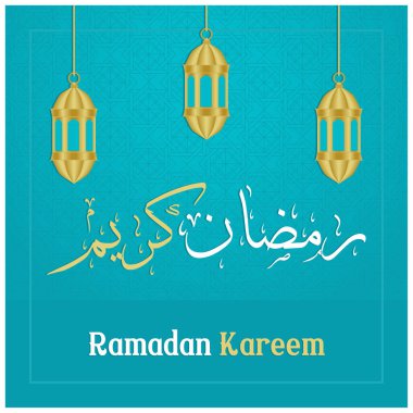 Mavi arka planda Ramazan Kareem Arapça yazı. İslami Tatiller için geleneksel fener. Ramazan konsepti. Düz vektör illüstrasyonu.