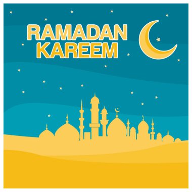 Çölde cami silueti olan Ramazan Kareem. Hilal ay ve mavi gökyüzündeki yıldızlar. Ramazan konsepti. Düz vektör illüstrasyonu.
