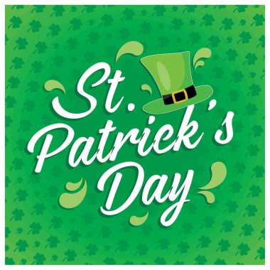 Patrick Günü 'n kutlu olsun. Patrick' e yonca ve şapkayla mesaj at. İrlanda 'da tatiller. Aziz Patrick Günü konsepti. Düz vektör illüstrasyonu.