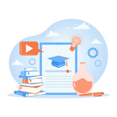 Çevrimiçi öğrenme uygulamaları. Akıllı telefonlar ve eğitim videoları kullanan bir grup insan. E-öğrenme konsepti. Düz vektör illüstrasyonu.