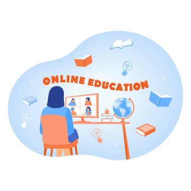 Bilgisayarda sınıf arkadaşlarıyla video konferansı yapan bir kız öğrenci. Evden ders çalış. Çevrimiçi Eğitim kavramı. Düz vektör illüstrasyonu.