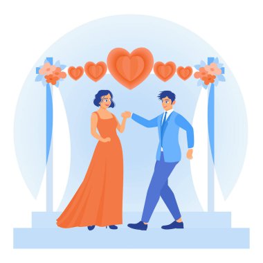 Genç çift evleniyor. Erkekler ve kadınlar kalp şekilleriyle süslenmiş takım elbiseler giyer. Aile hayatı aktivite konsepti. Düz vektör illüstrasyonu.