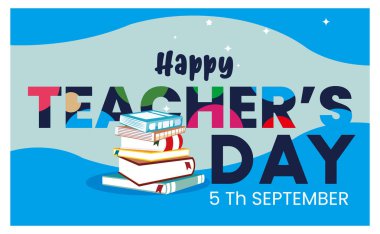 Tipografi ve bir yığın kitapla Öğretmenler Günü. Mavi arka planda renkli harfler. Öğretmenler Günü konsepti. Düz vektör illüstrasyonu.