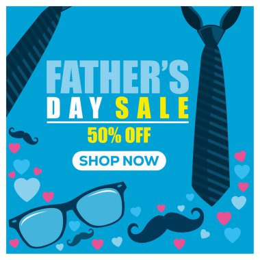 Babalar Günü için satış promosyonu. Mavi arka planda kravat, gözlük ve bıyık. Babalar Günü konsepti. Düz vektör illüstrasyonu.