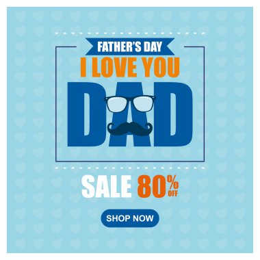 Babalar Günü 'nde gözlüklü ve bıyıklı satış promosyonu. Alışveriş indirimleri% 80 'e kadar. Babalar Günü konsepti. Düz vektör illüstrasyonu.