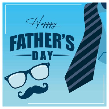 Babalar Günü 'nde kravat, gözlük ve bıyıkla. Mavi arka planda Babalar Günü 'nüz kutlu olsun. Babalar Günü konsepti. Düz vektör illüstrasyonu.