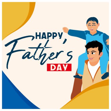 Bir baba oğlunu omuzlarında taşır. Baba, oğluyla oynuyor. Babalar Günü konsepti. Düz vektör illüstrasyonu.