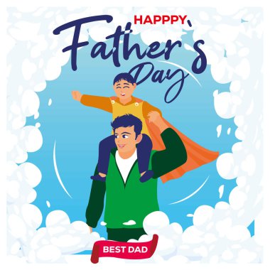 Baba oğlunu omuzlarında taşıyor. Oğlanlar pelerin giyer. Babalar Günü konsepti. Düz vektör illüstrasyonu.