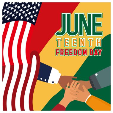 Amerikan ve Afrika bayraklarının arka planında koyu tenli eller kenetlendi. Haziran konsepti. Düz vektör illüstrasyonu.