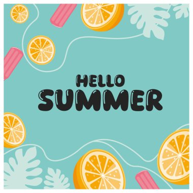 Renkli bahar. Açık mavi arka planda dondurma ve portakallar. Yaz kavramı. Düz vektör illüstrasyonu.
