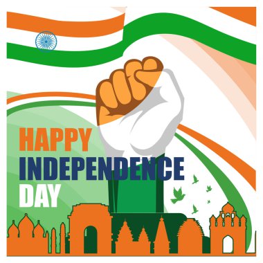 Hindistan Bağımsızlık Günü, 15 Ağustos. Hindistan 'ın ulusal bayrağı ve anıtları. Bağımsızlık Günü konsepti. Düz vektör illüstrasyonu.