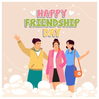 Üç arkadaş Dostluk Günü 'nü kutluyor. Gençler birbirine sarılıyor. Arkadaşlık Günü konsepti. Düz vektör illüstrasyonu.