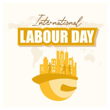 Bir grup işçi ve güvenlik kaskı. Uluslararası İşçi Bayramı 'nın kutlaması. İşçi Bayramı konsepti. Düz vektör illüstrasyonu.