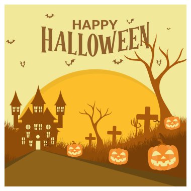 Cadılar Bayramı partisinde dolunay vardı. Balkabakları, yarasaları ve ağaçları olan ürkütücü bir kale. Cadılar Bayramı konsepti Düz vektör illüstrasyonu.