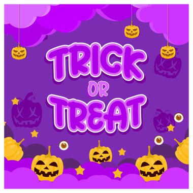 Şeker mi şaka mı? Mor arka planda balkabağı Jack O Lantern. Cadılar Bayramı partisi konsepti. Düz vektör illüstrasyonu.