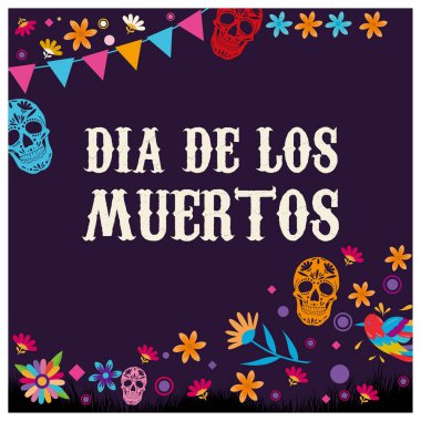 Dia de los Muertos tatili. Kafatasları, çiçekleri ve bayrakları olan metin. Ölüler Günü konsepti. Düz vektör illüstrasyonu.