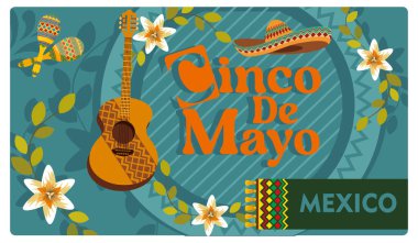Meksika 'da federal tatil. Marakas ve gitarlı geleneksel müzik partisi. Cinco de Mayo konsepti. Düz vektör illüstrasyonu.