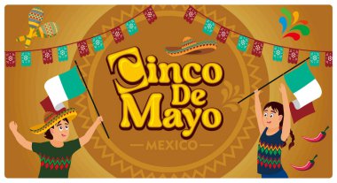 Cinco de Mayo kutlaması. Meksika bayrakları taşıyan çocuklar. Cinco de Mayo konsepti. Düz vektör illüstrasyonu.