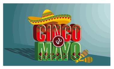 Meksika 'da federal tatil. Cinco de Mayo, sombrero ve marakas ile kutlama yapıyor. Cinco de Mayo konsepti. Düz vektör illüstrasyonu.