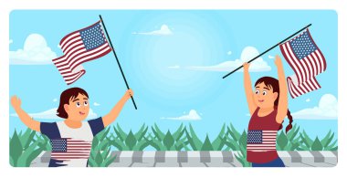 Erkek ve kız dışarıda Amerikan bayrağı taşıyor. Parlak yaz manzarası. Anma Günü konsepti. Düz vektör illüstrasyonu.