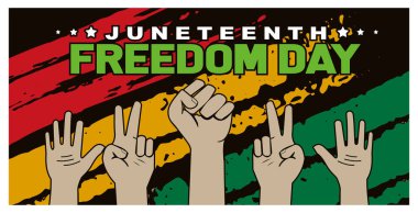 Özgürlük Günü kutlaması birçok elle yapılır. Afro-Amerikan tarihini ve mirasını hatırlamak. Haziran konsepti. Düz vektör illüstrasyonu.