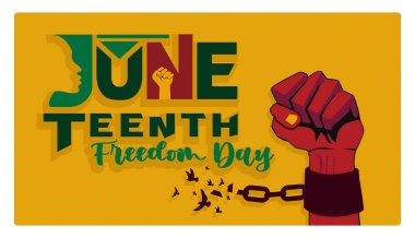 Elleri kırık zincirlerle birbirine kenetlenmiş. Afro-Amerikan Bağımsızlık Günü. Haziran konsepti. Düz vektör illüstrasyonu.