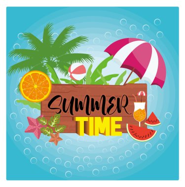 Eski ahşap arka planda yaz tatili. Yaz unsurlarıyla süslenmiş. Yaz kavramı. Düz vektör illüstrasyonu.