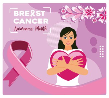 Göğsünde kalp şeklinde bir kadın. Meme Kanseri Farkındalığı Ayı pembe kurdele mesajı. Göğüs kanseri farkındalığı konsepti. Düz vektör illüstrasyonu.