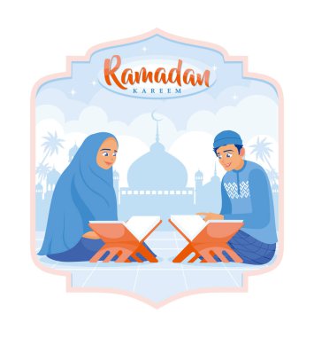 Kuran okuyan ve okuyan Müslüman bir çift. Arka planda cami var. Ramazan Kareem konsepti. Düz vektör illüstrasyonu.