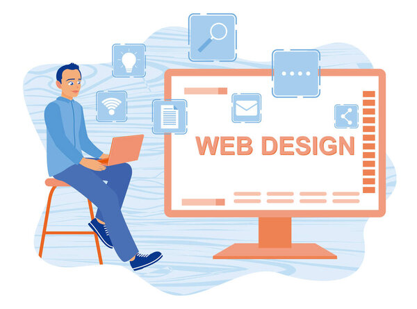 Hombre Trabajando Portátil Montar Una Página Web Partir Los Iconos — Vector de stock